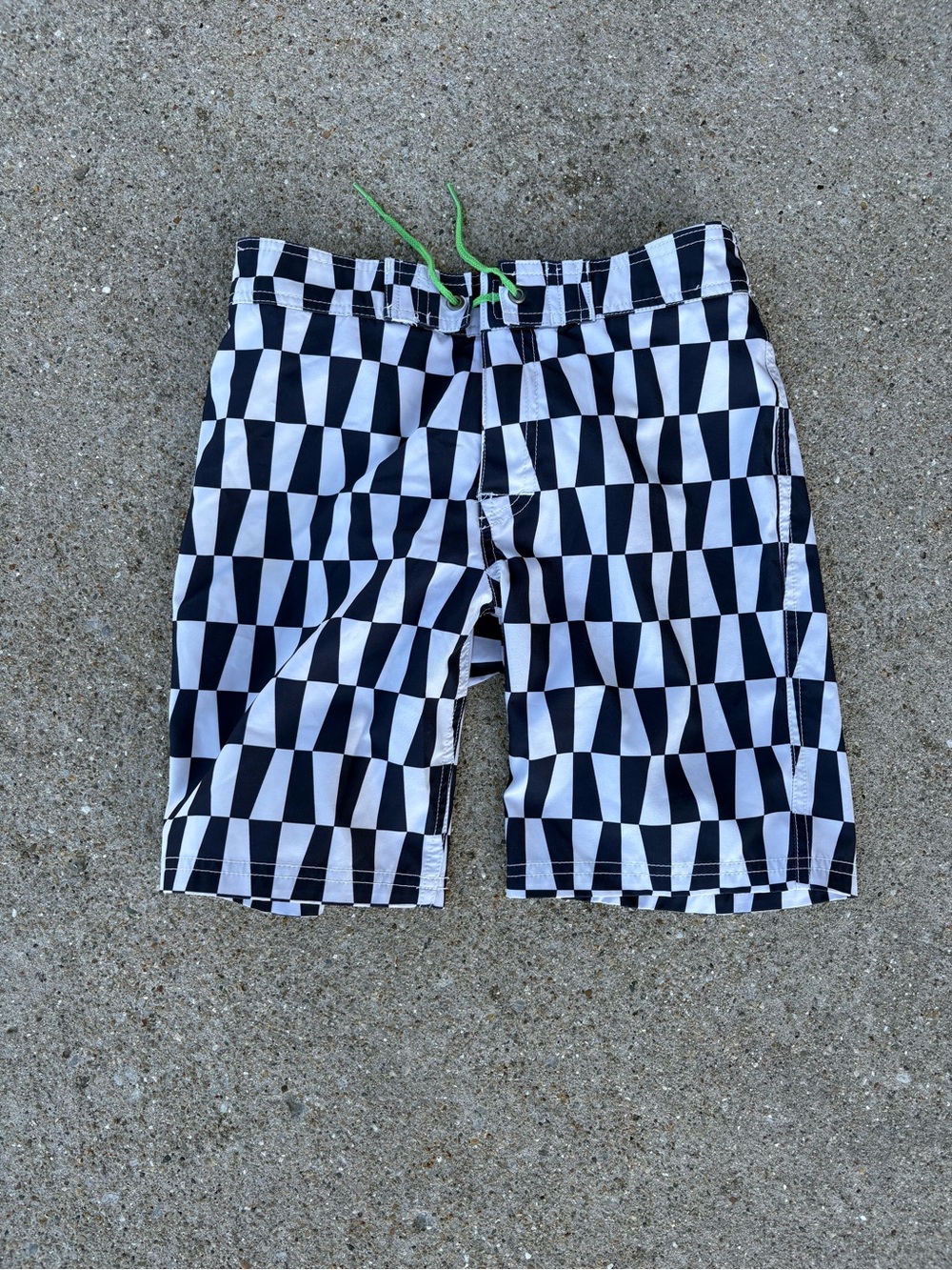 Crewcuts Boys Navy & White Checkered Swim Trunks with Green Drawstring